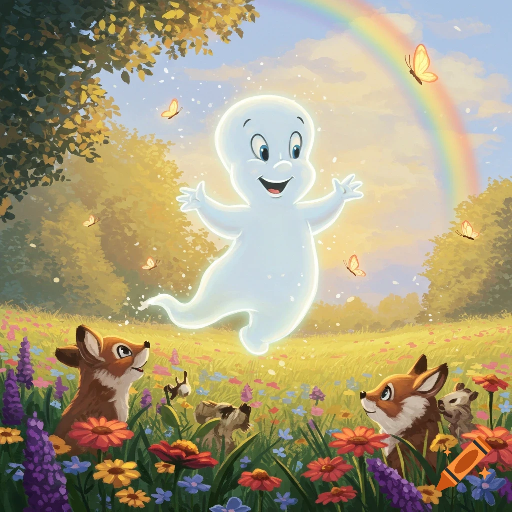 Casper the friendly ghost floats in a vibrant flower meadow, surrounded by cute forest animals, butterflies, and a rainbow.