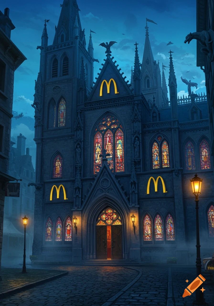A detailed fantasy illustration of a Gothic church at night, with McDonald's golden arches logos on its stone facade.