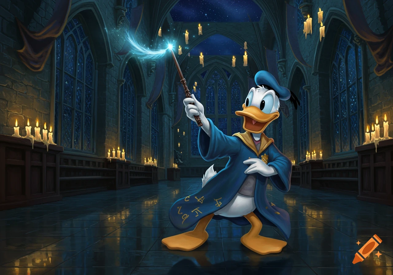 Donald Duck in a blue wizard robe casting a blue spell with a wand in a magical Hogwarts-like hall.