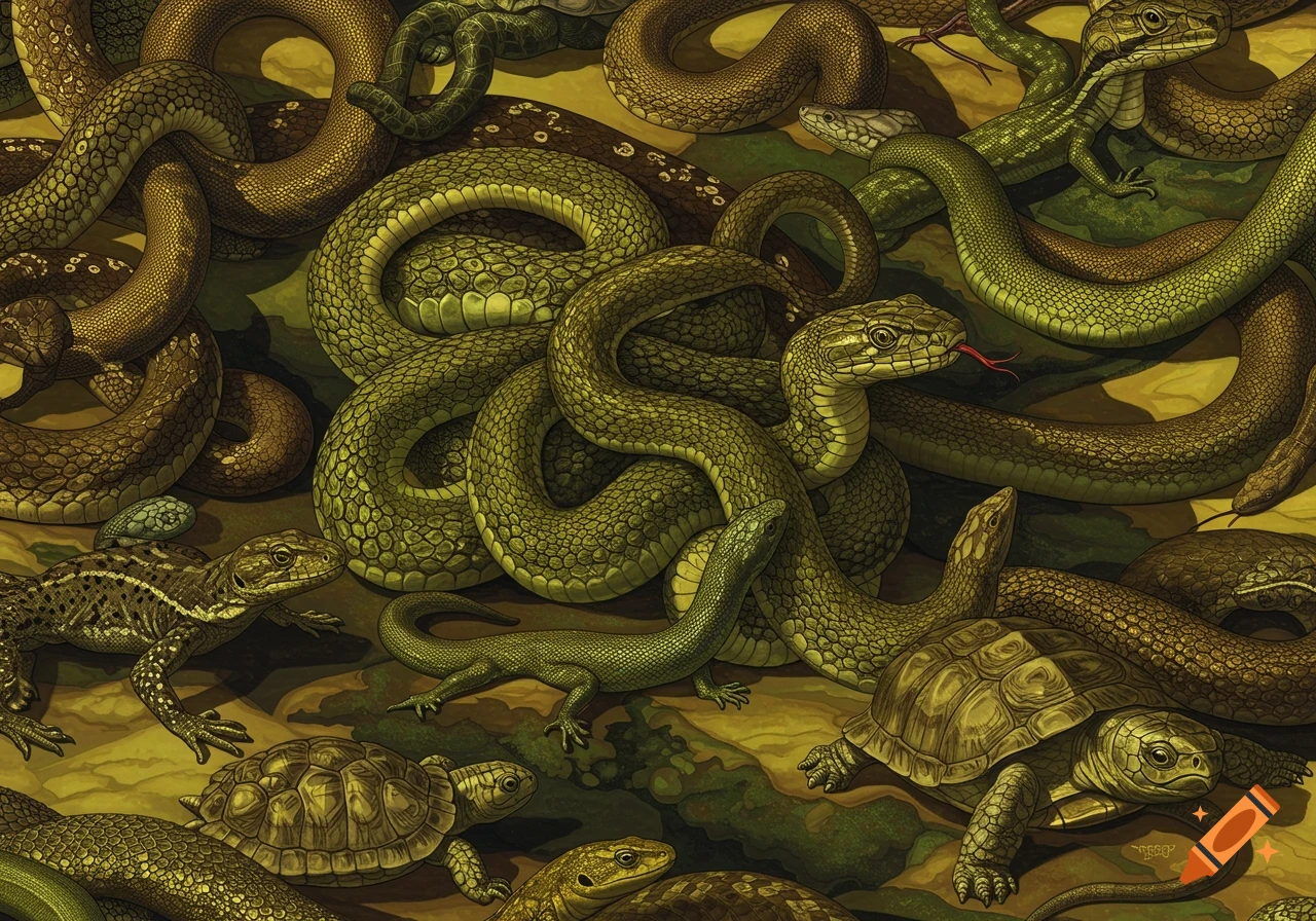 Detailed artwork of intertwined green and brown snakes, lizards, and turtles, resembling a complex natural pattern.