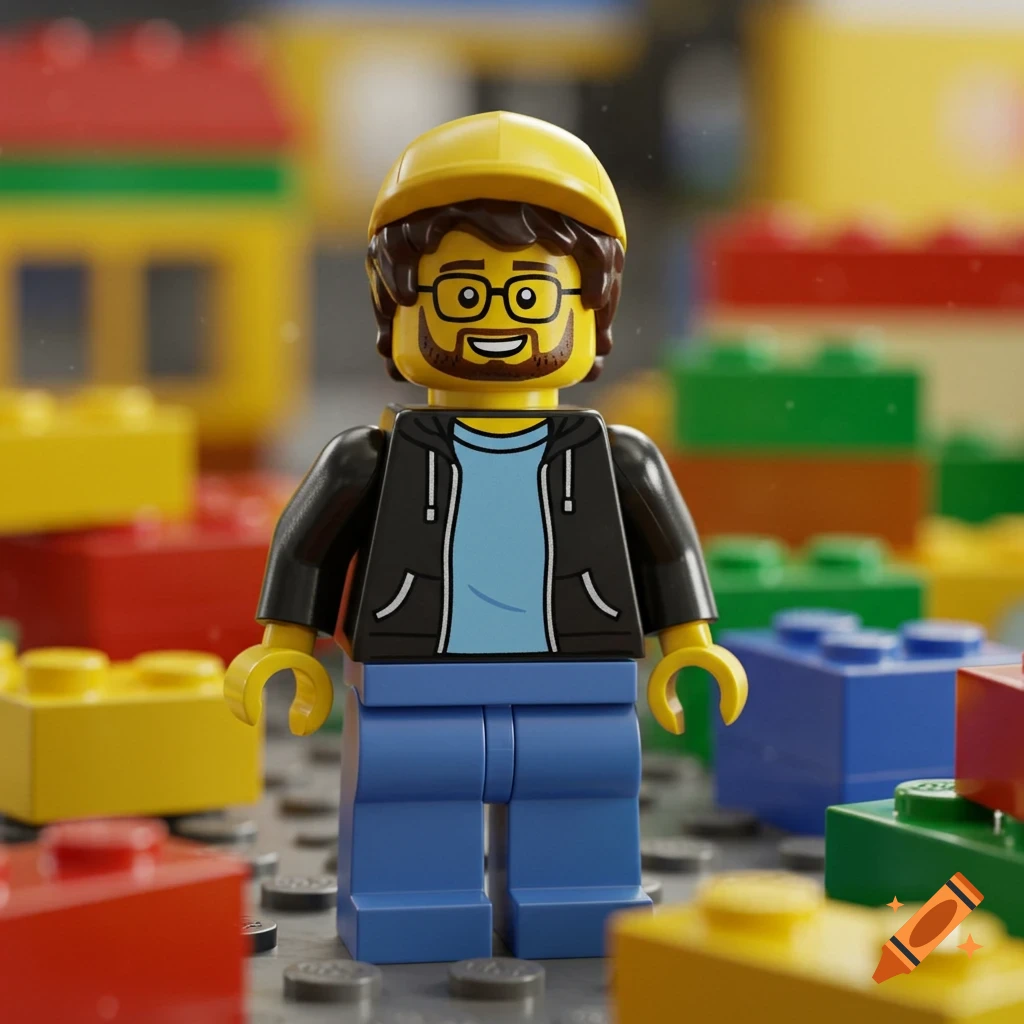 A Lego minifigure wearing a yellow hard hat, black hoodie, light blue shirt, blue jeans, glasses, and a beard, standing amongst colorful Lego bricks.