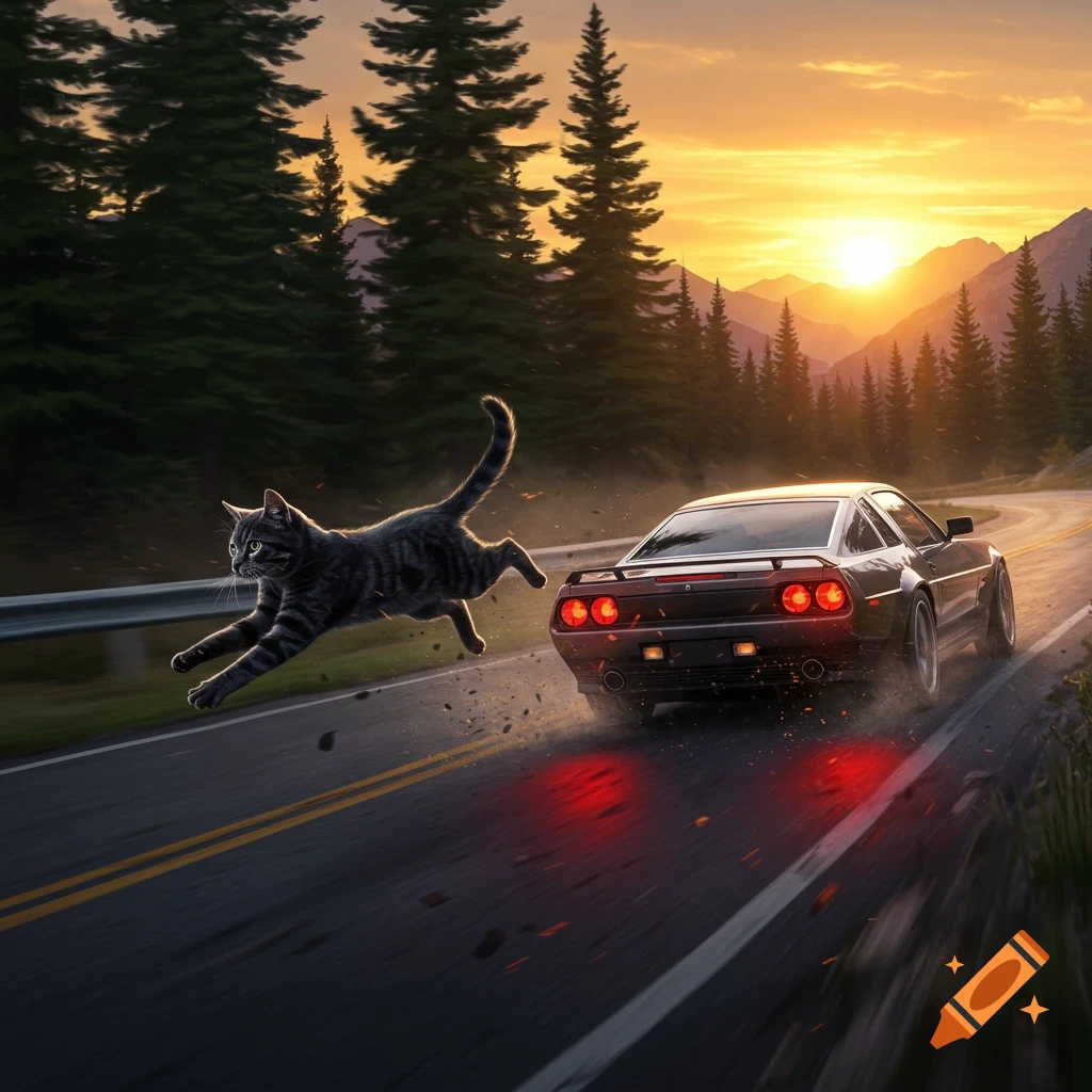 A photorealistic tabby cat leaps beside a black sports car speeding on a winding mountain road at sunset.
