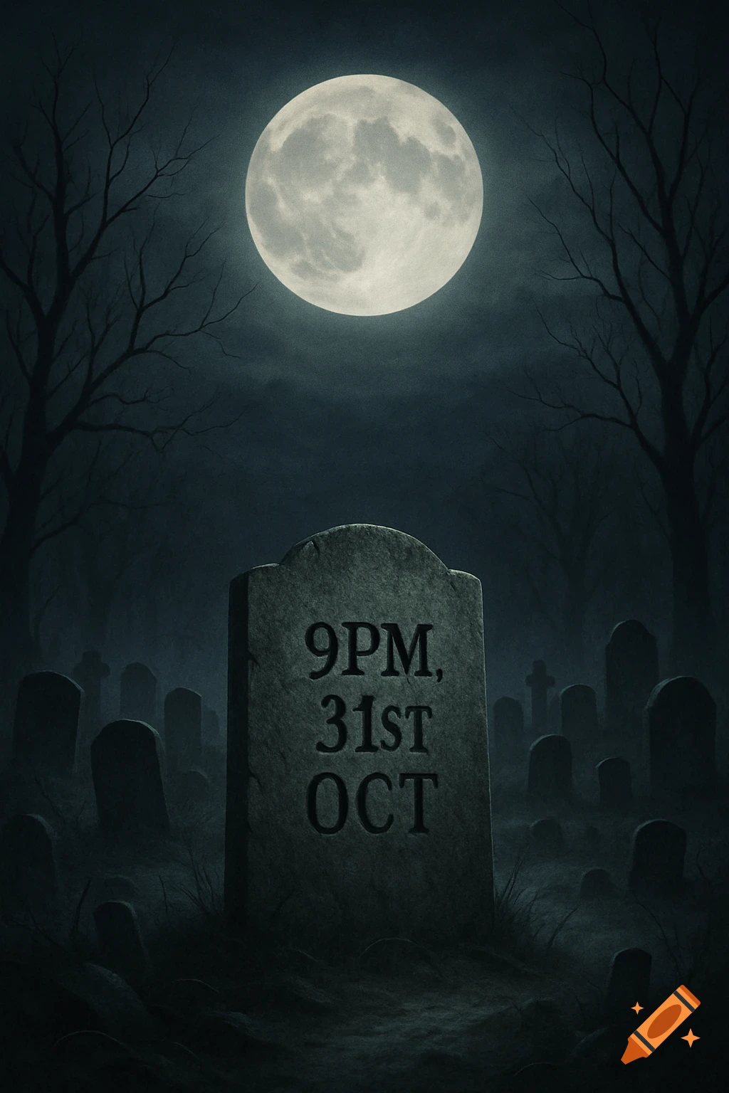 A spooky graveyard scene at night with a large full moon, barren trees, and a tombstone inscribed with '9PM, 31ST OCT'.