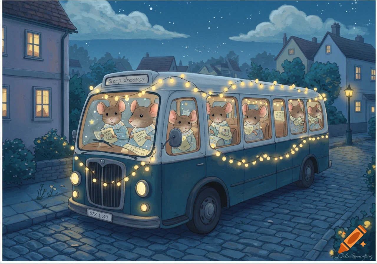An illustration of a whimsical blue bus carrying anthropomorphic mice, adorned with string lights, driving through a charming town at night.
