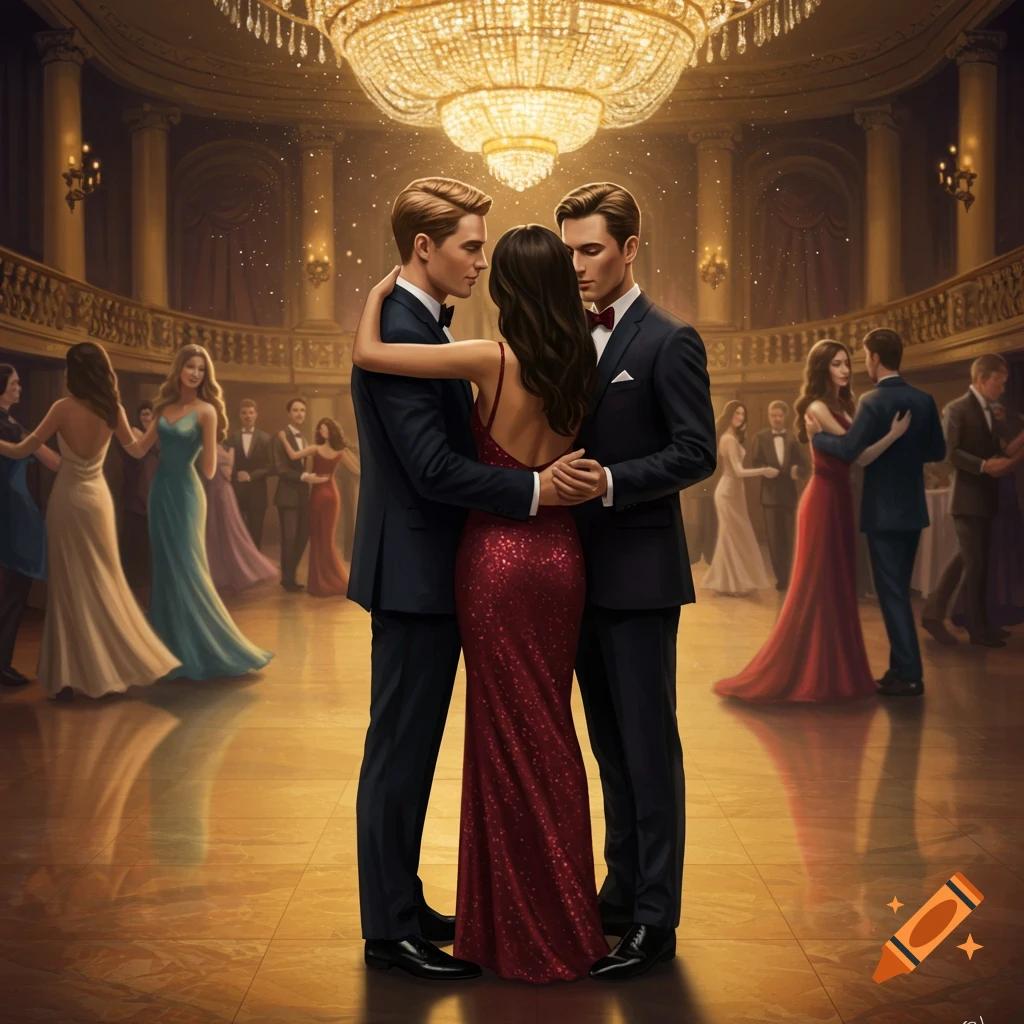 An elegant woman in a red gown is embraced by two men in suits, dancing in a grand ballroom under a large chandelier.