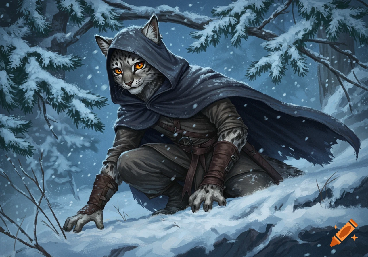 A stealthy, cloaked Tabaxi rogue with orange eyes crouches in a snowy forest under falling snow.