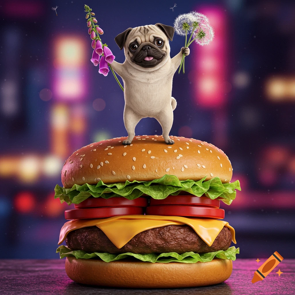 A cute pug stands on a large burger, holding purple flowers and white dandelions against a blurry city night background.