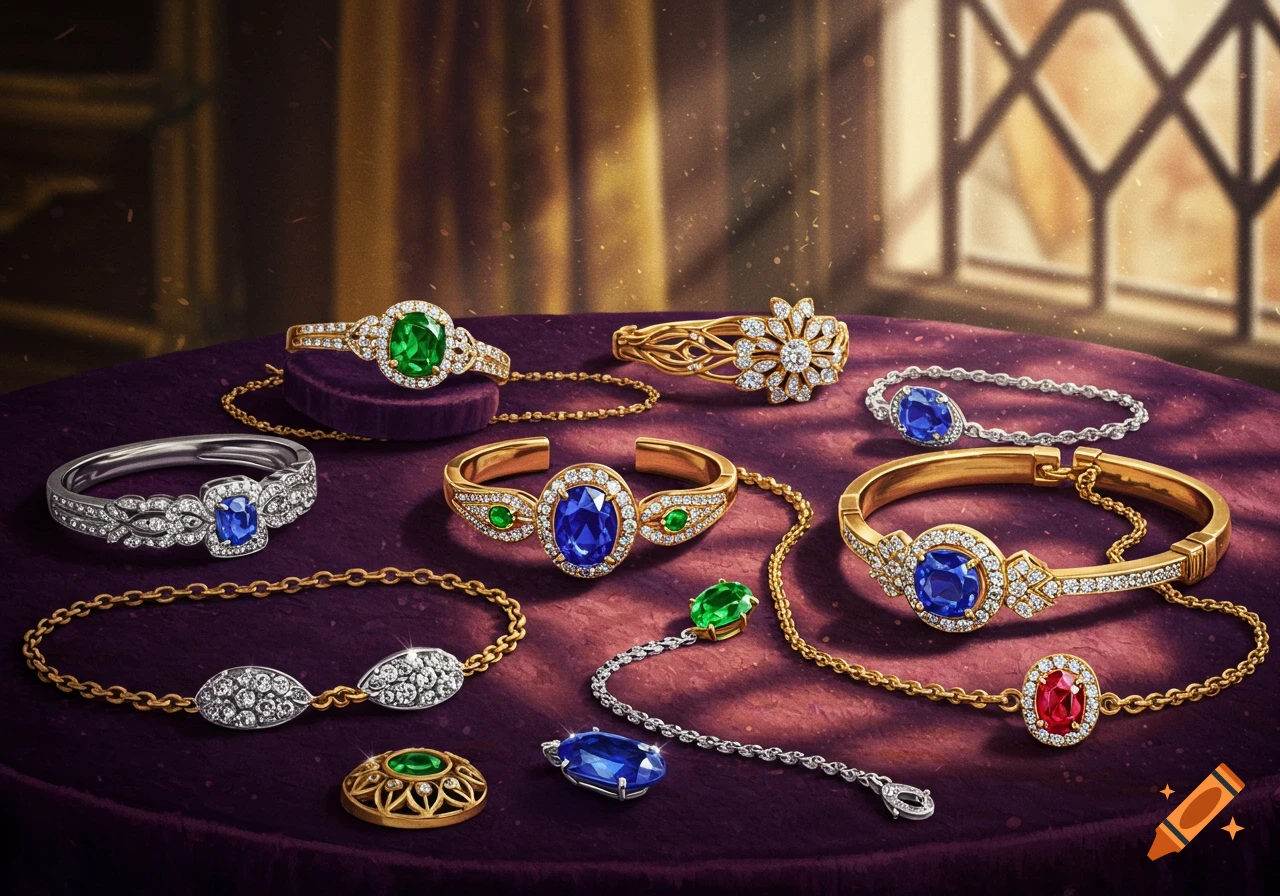 Ornate gold and silver jewelry with emeralds, sapphires, and rubies, displayed on purple velvet.