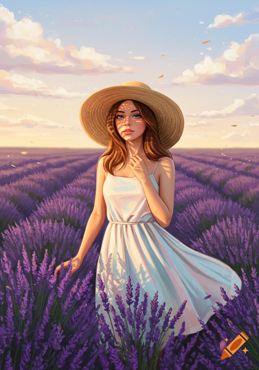 Digital painting of a woman in a sun hat walking through a lavender field at sunset, reaching out to touch the flowers.