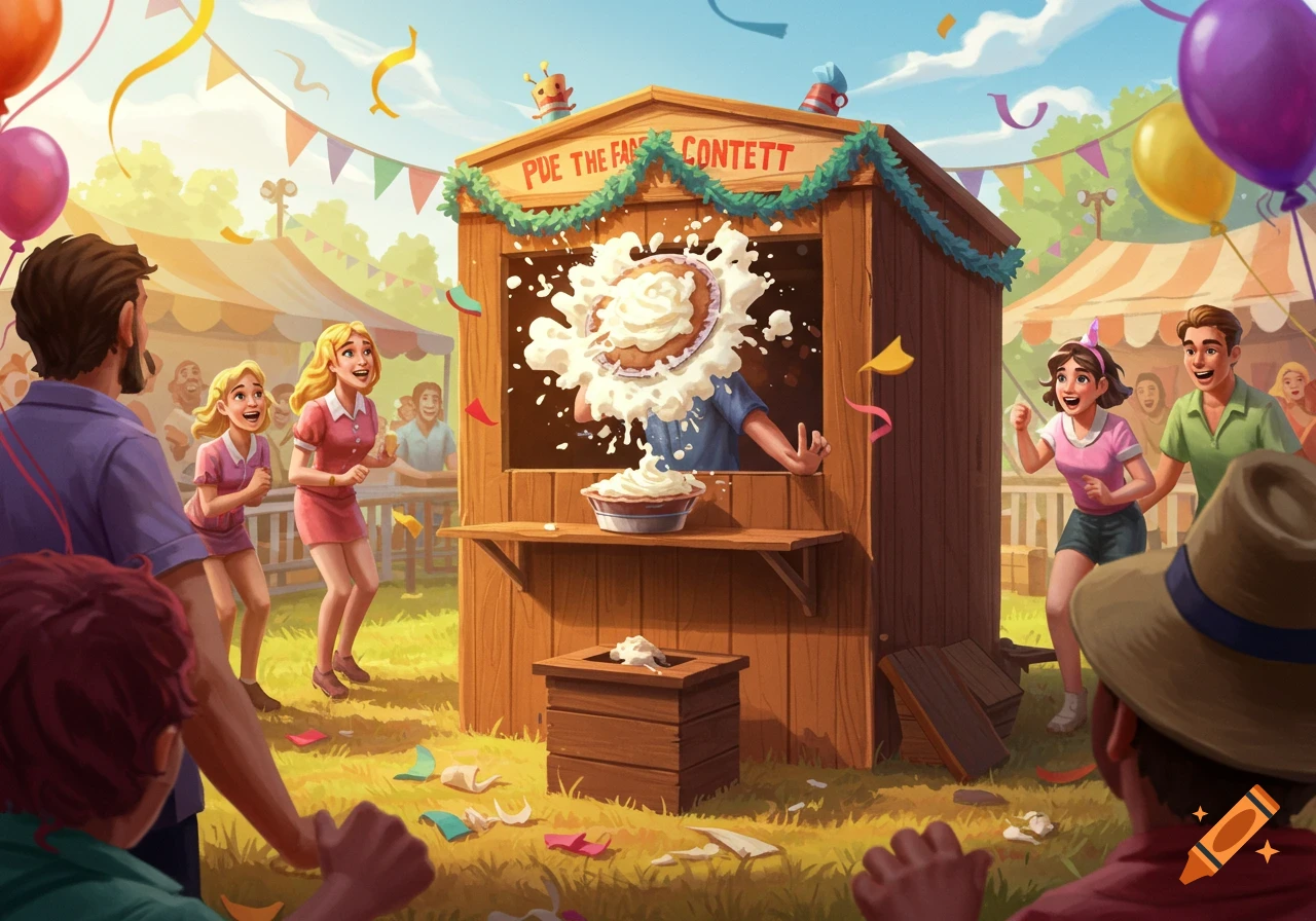 Cartoon illustration of a pie in the face contest at a carnival with people reacting to the splattering pie.