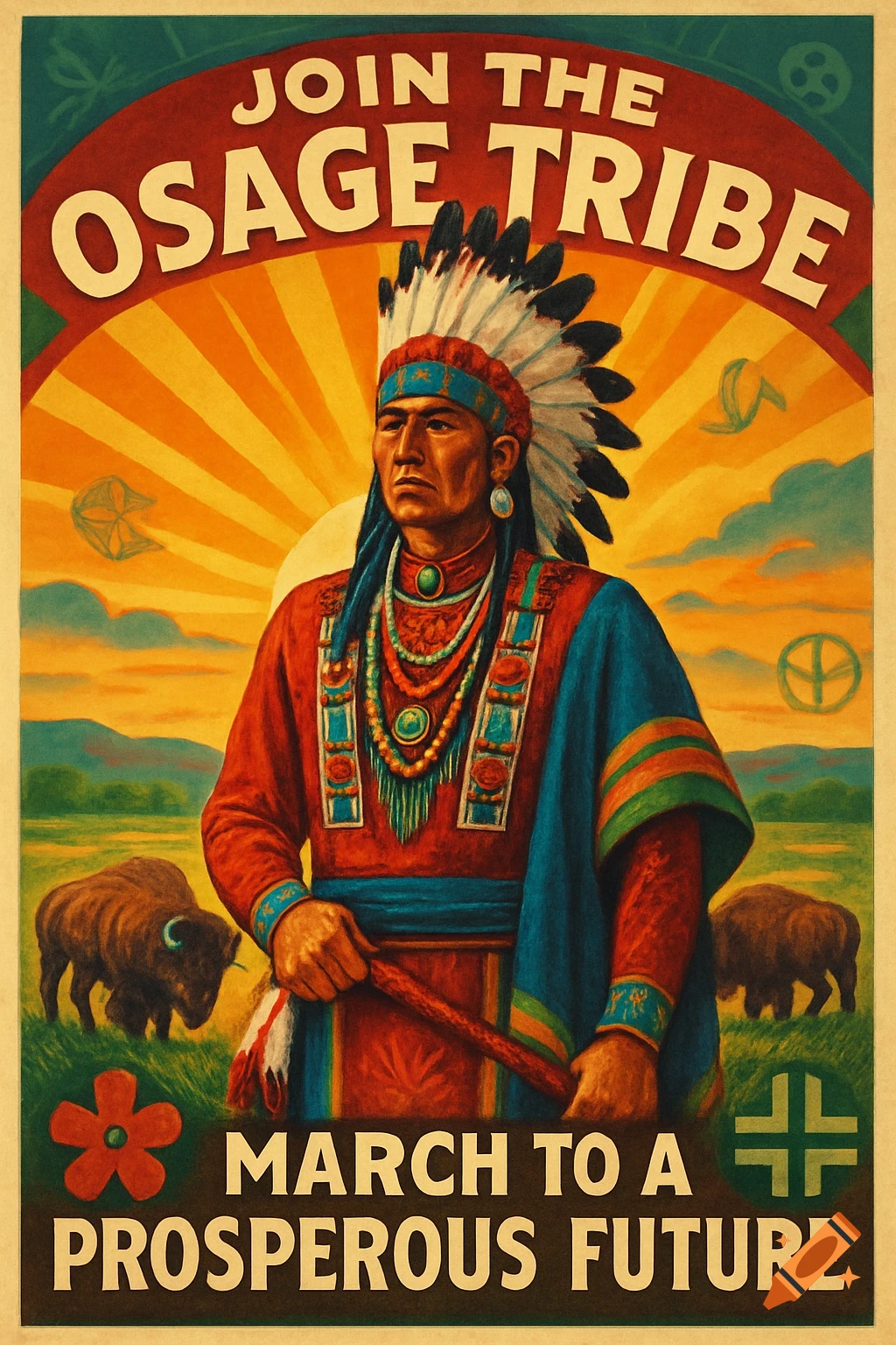 Vintage-style recruitment poster with a Native American man in traditional attire, buffalo, and text 'JOIN THE OSAGE TRIBE' and 'MARCH TO A PROSPEROUS FUTURE'.