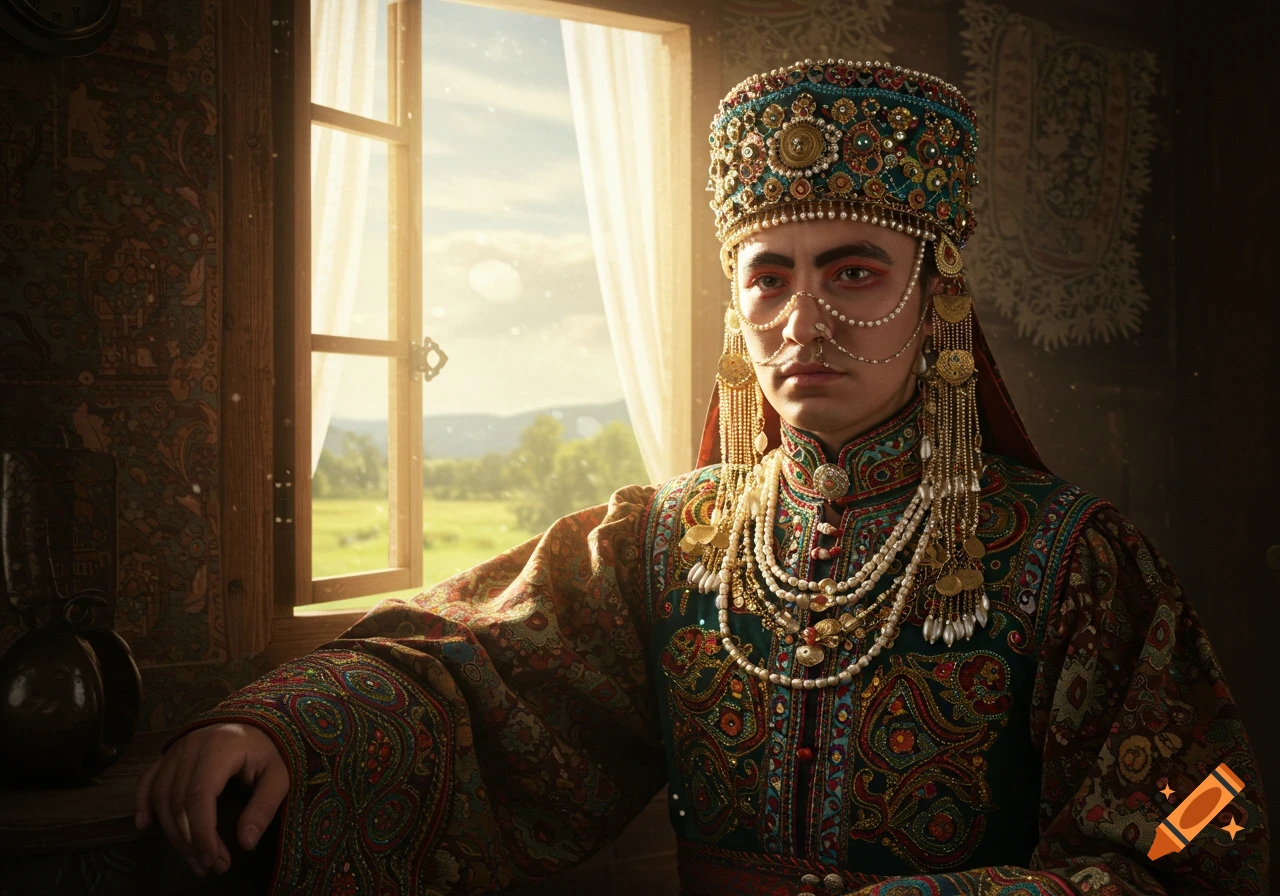 Photorealistic portrait of a person in ornate, traditional clothing with a jeweled headpiece and facial adornments, sitting by a sunlit window.
