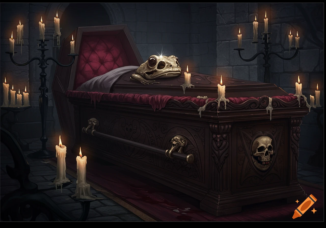 A highly detailed coffin with red velvet interior, a frog skull emblem, and many lit candles in a dark, gothic setting.