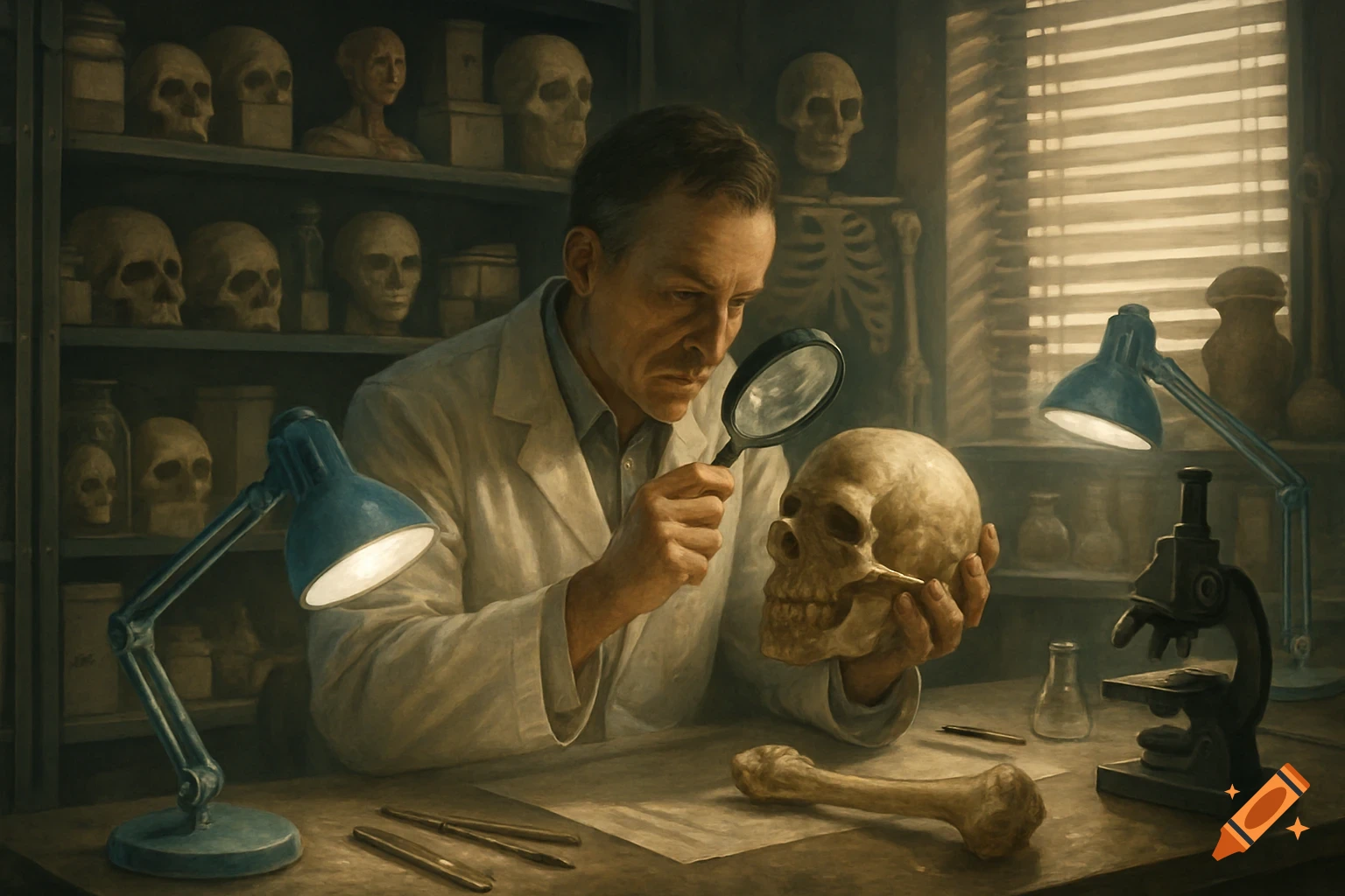 A man in a lab coat examines a human skull with a magnifying glass in a room filled with anatomical models and equipment, in a realistic style.