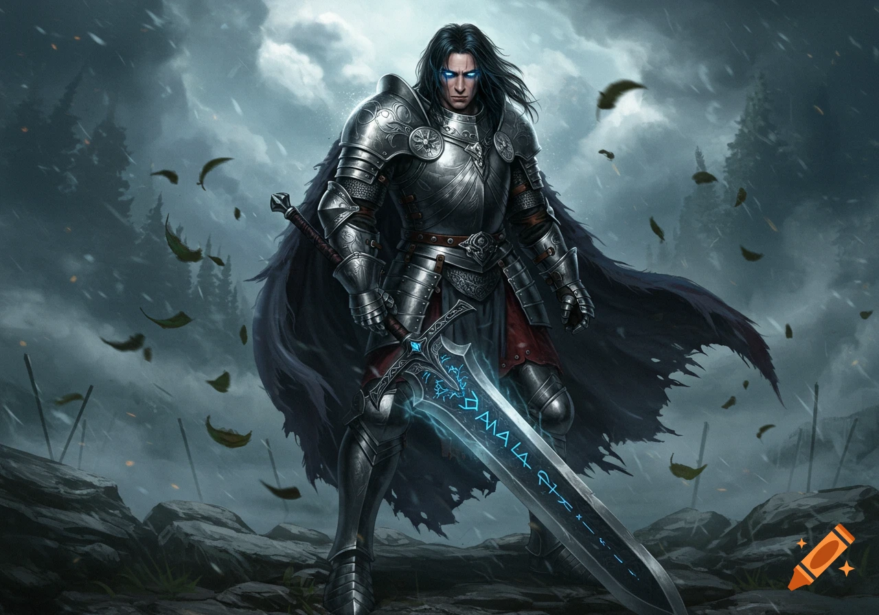 A male knight with black hair and glowing blue eyes in ornate silver armor, wielding a large glowing runic greatsword, stands in a desolate, stormy landscape.