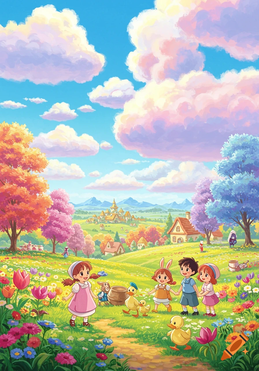Vibrant cartoon landscape of children, ducks, and a rabbit in a flower-filled meadow with pastel clouds and a distant village.