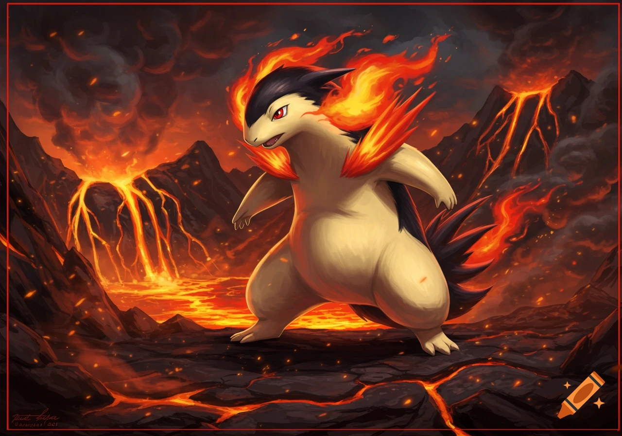 A fiery Typhlosion Pok E9mon stands in a volcanic landscape with lava flows and smoke, digital art.