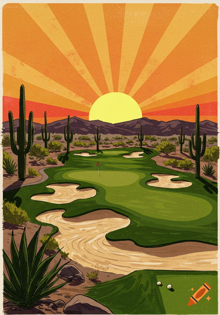 Illustrated desert golf course at sunrise with saguaro cacti, green fairways, sand traps, distant mountains, and two golf balls.