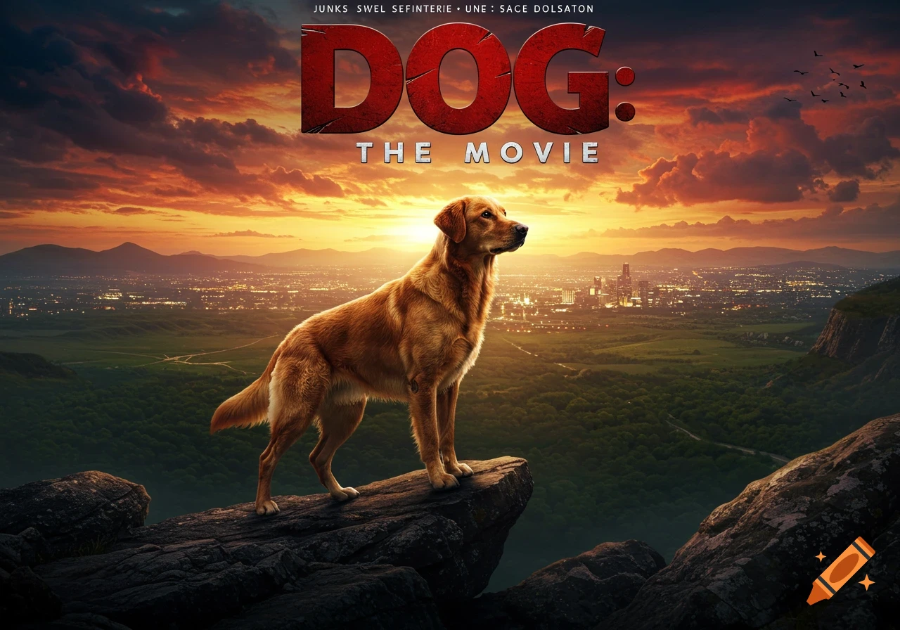 A golden retriever stands on a rocky cliff overlooking a city at sunset, with 'DOG: THE MOVIE' text and credits above.