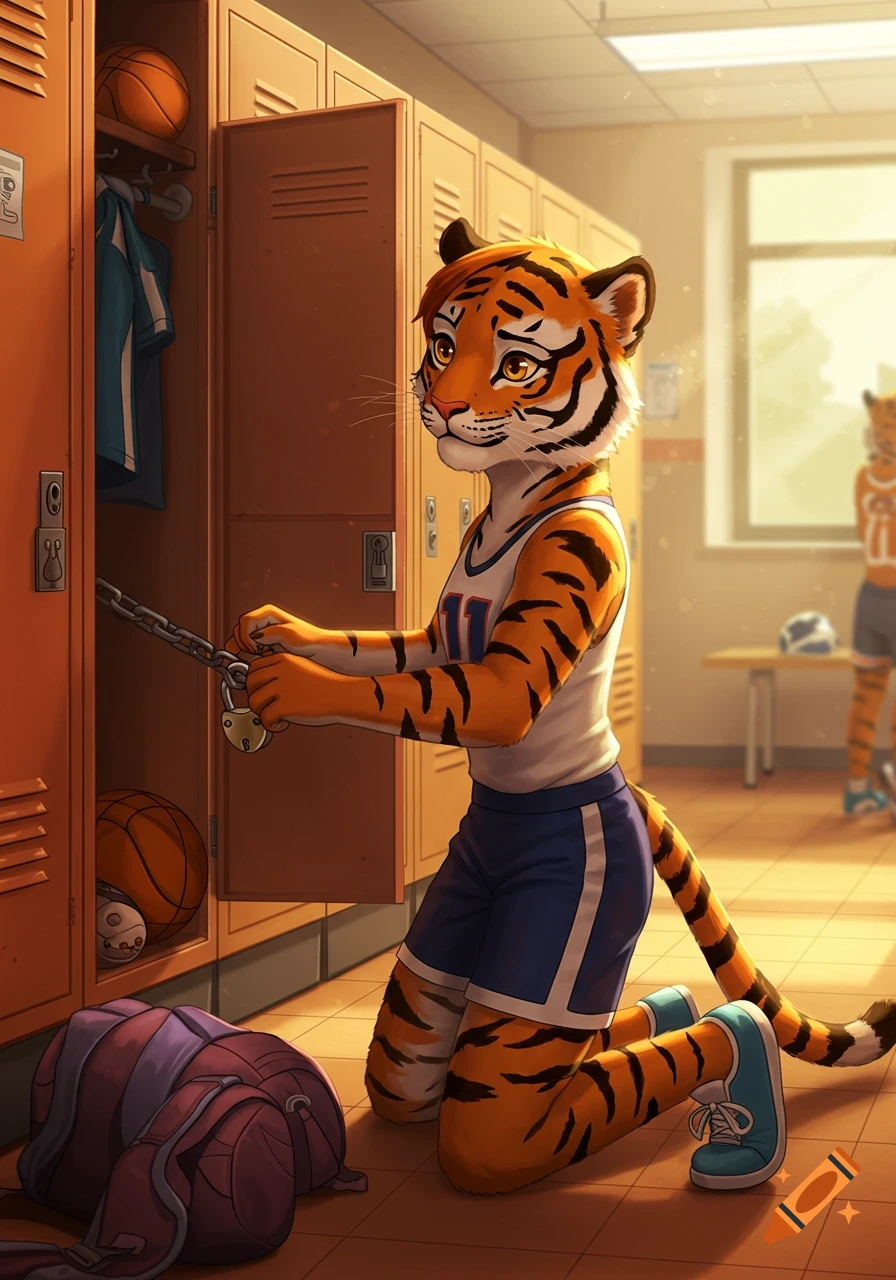 A tiger furry in a basketball uniform kneels in a locker room, attempting to lock a locker with a chain and padlock.