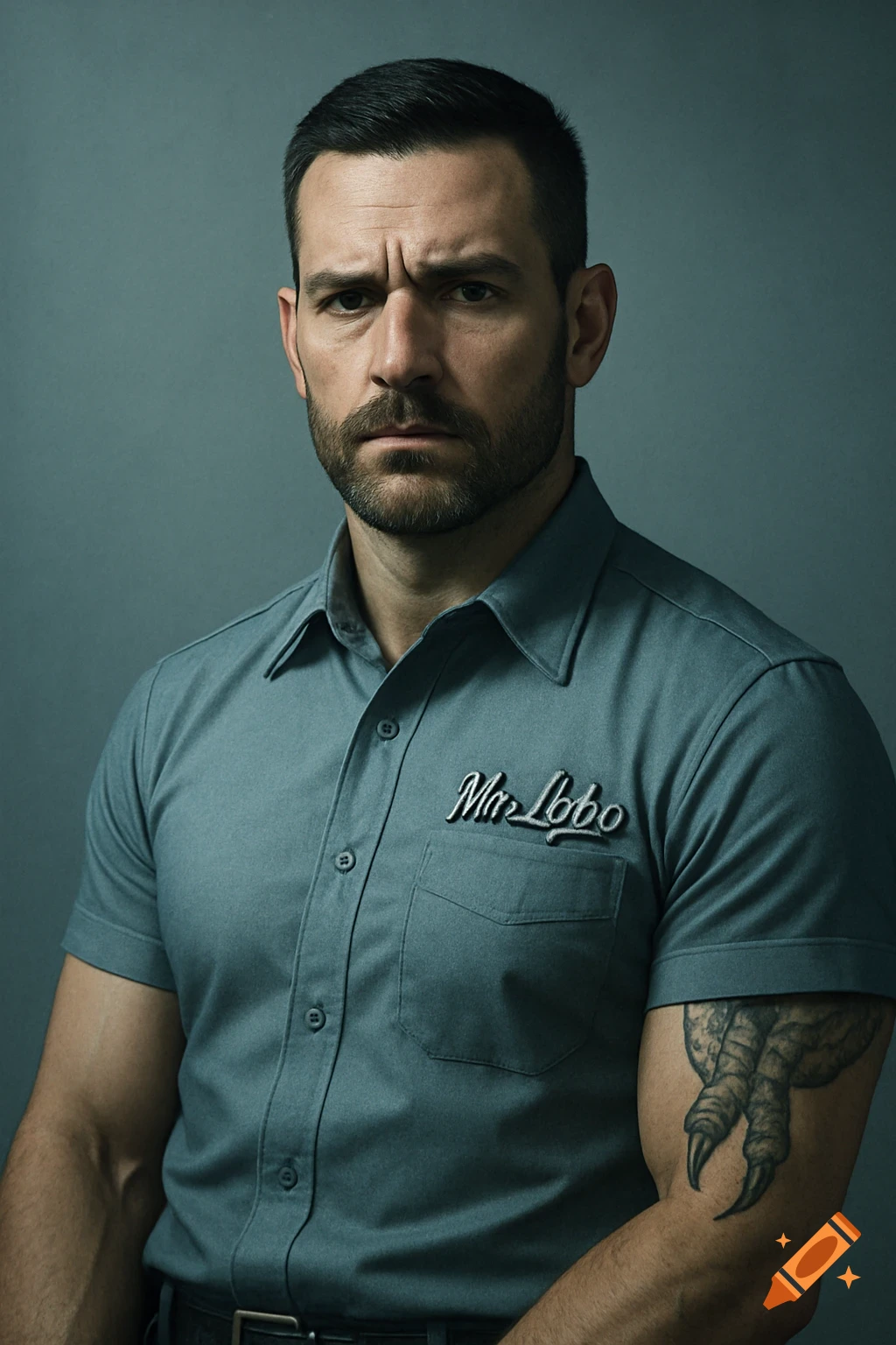 Close-up photorealistic portrait of a serious man with a beard, wearing a short-sleeved blue shirt with a 'Mr. Lbbo' badge and a talon tattoo on his arm.