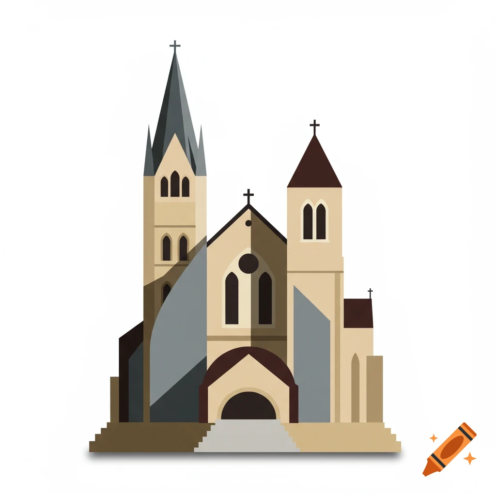 Geometric illustration of a beige and gray abbey with a tall spire and multiple towers on a white background.