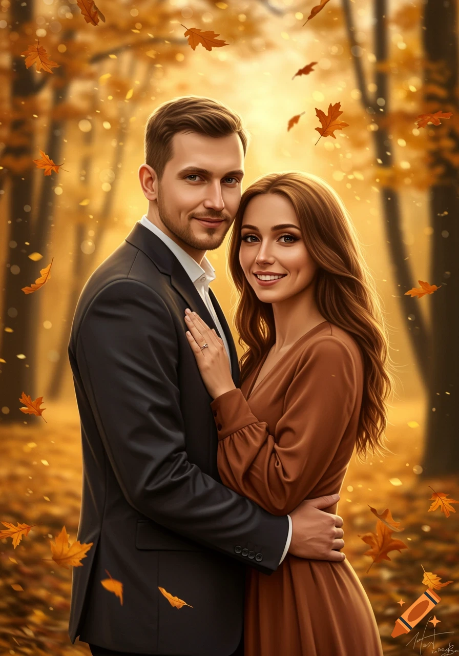 A smiling couple embracing in a sunlit autumn forest, surrounded by falling golden leaves in a photorealistic style.
