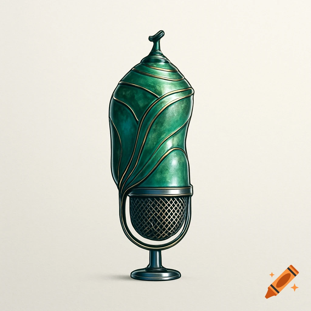 A stylized microphone shaped like a green chrysalis with gold leaf patterns, on a simple stand.