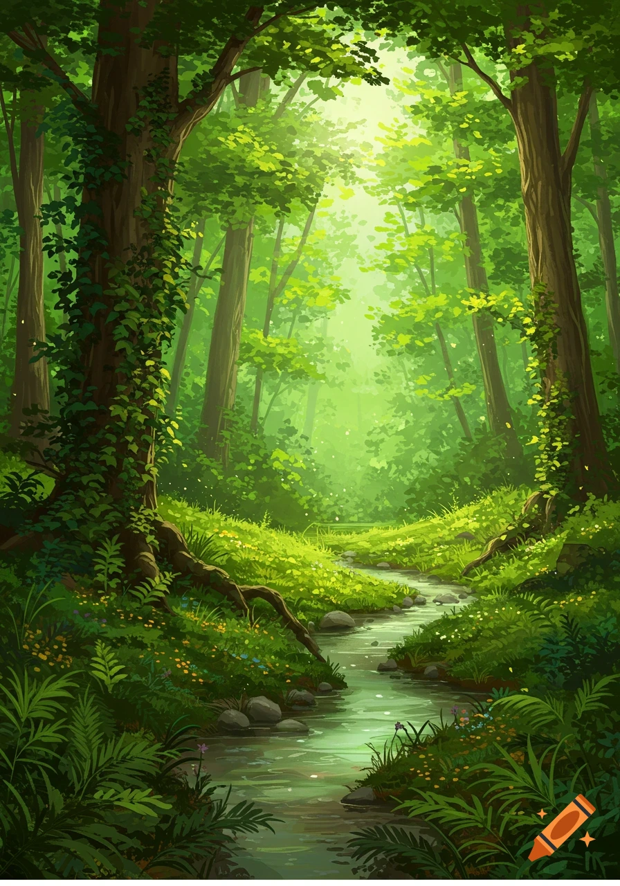 A vibrant, stylized forest with lush green trees, a winding stream, and bright sunlight shining through the canopy.