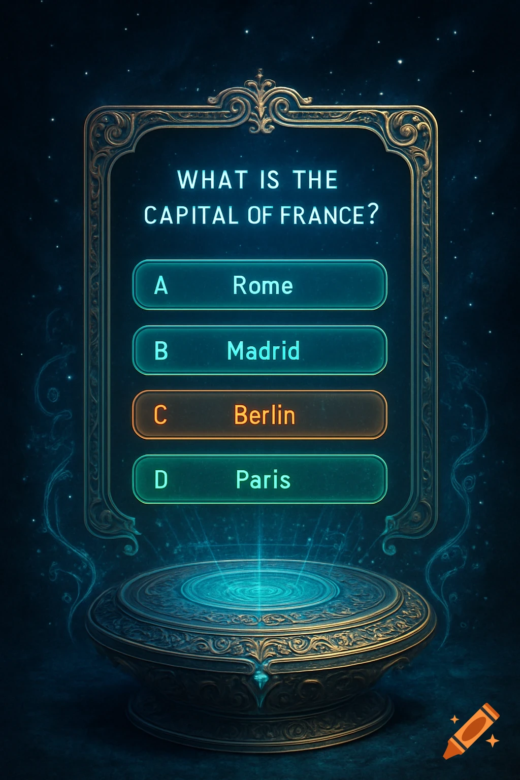 A glowing, ornate quiz interface asks 'What is the capital of France?' with options Rome, Madrid, Berlin, and Paris.