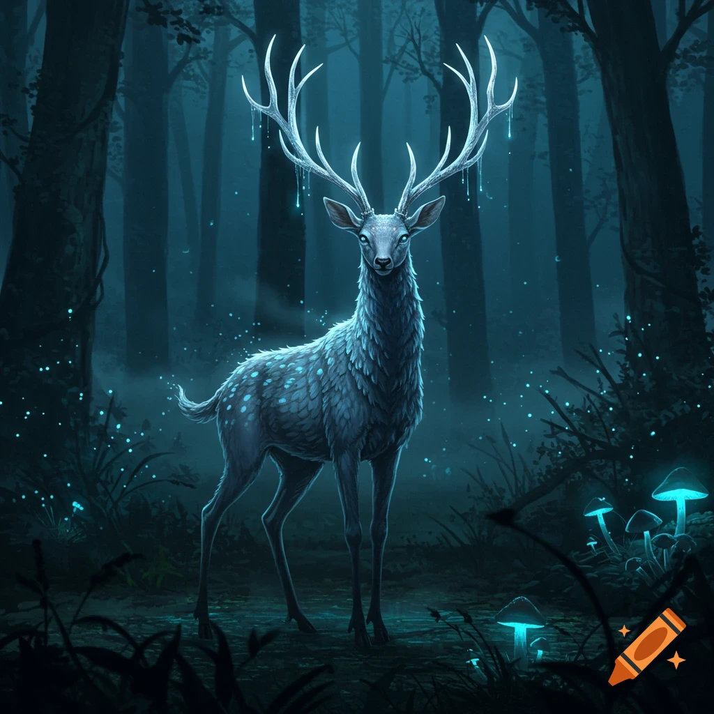 A luminous deer with large antlers stands in a dark, mystical forest with glowing blue mushrooms and faint lights, illustration.