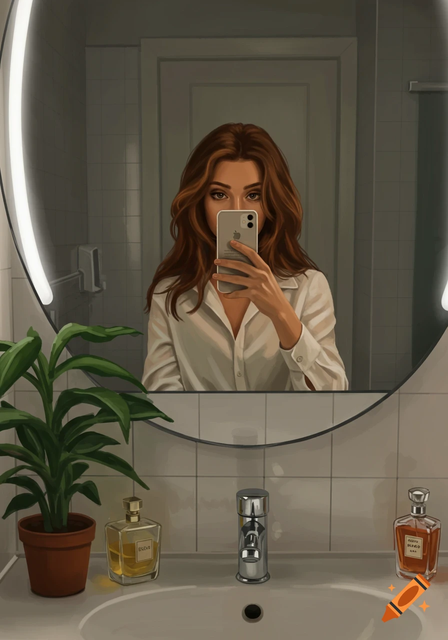 Digital art portrait of a woman taking a mirror selfie in a bathroom with perfume bottles on the counter.