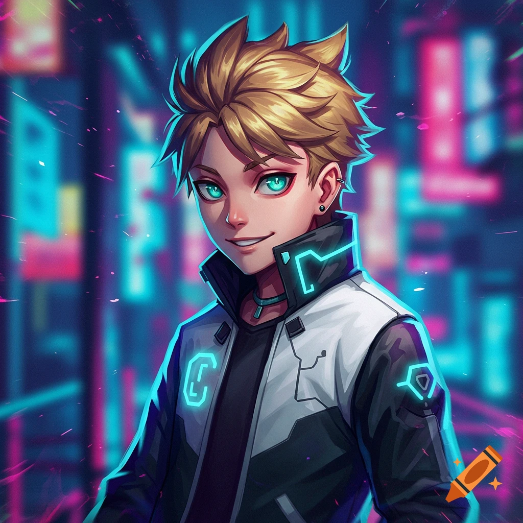Anime-style portrait of a young man with blonde hair and glowing cyan eyes, wearing a futuristic jacket in a neon city.