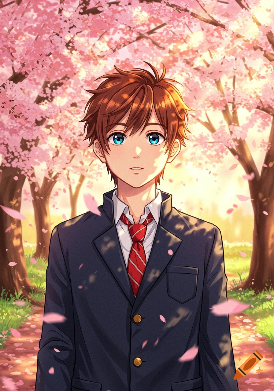 An anime schoolboy with brown hair and blue eyes stands in a park with pink cherry blossoms.