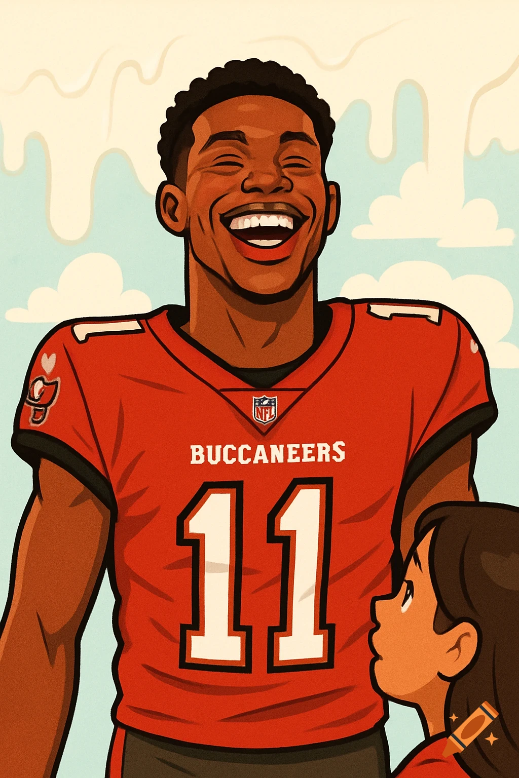 Cartoon illustration of a grinning man in a red Buccaneers #11 jersey, with a child looking up, against a dripping background.