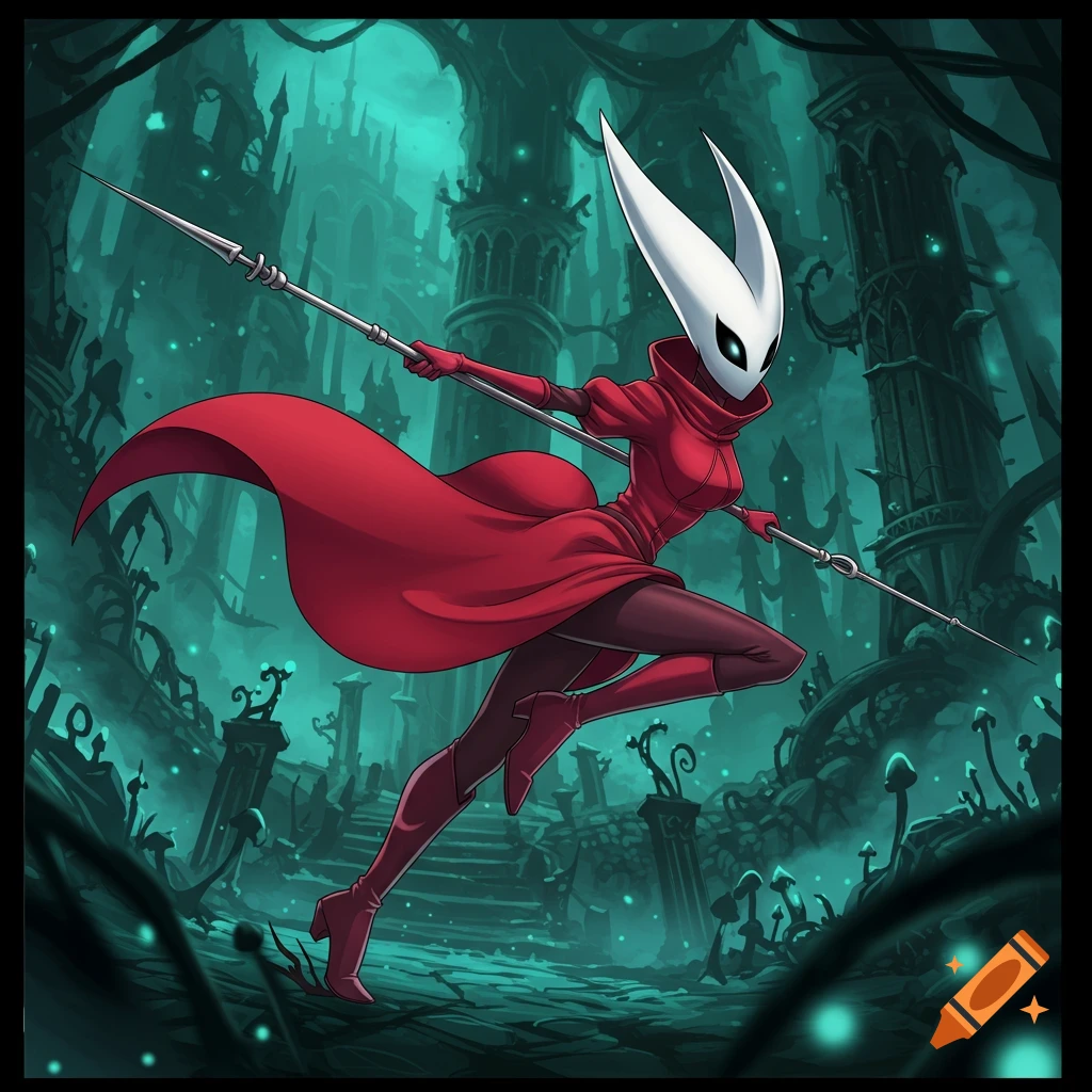 Hornet from Hollow Knight in anime style, in a red cloak, holding a spear in a dark, ancient teal ruin.