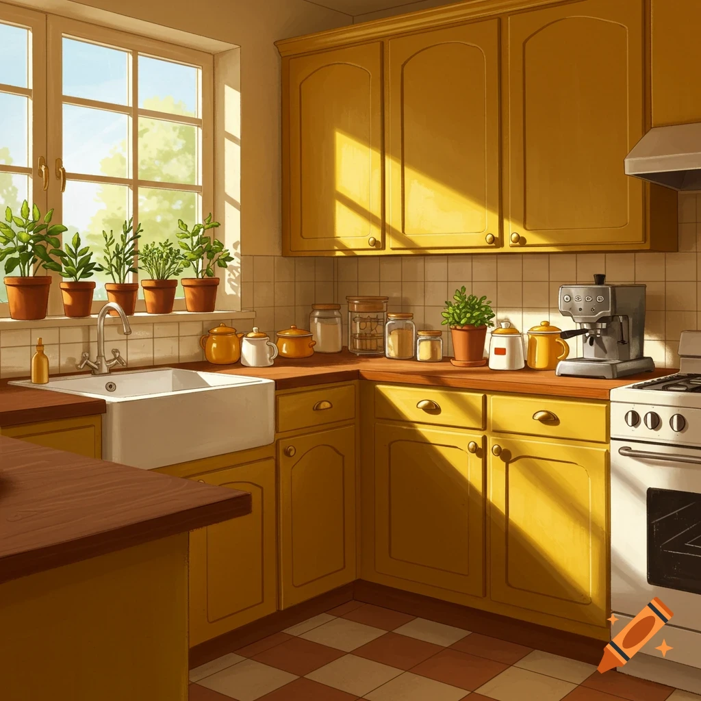 A warm, stylized kitchen with mustard yellow cabinets, a white sink, and potted plants on a sunny windowsill.