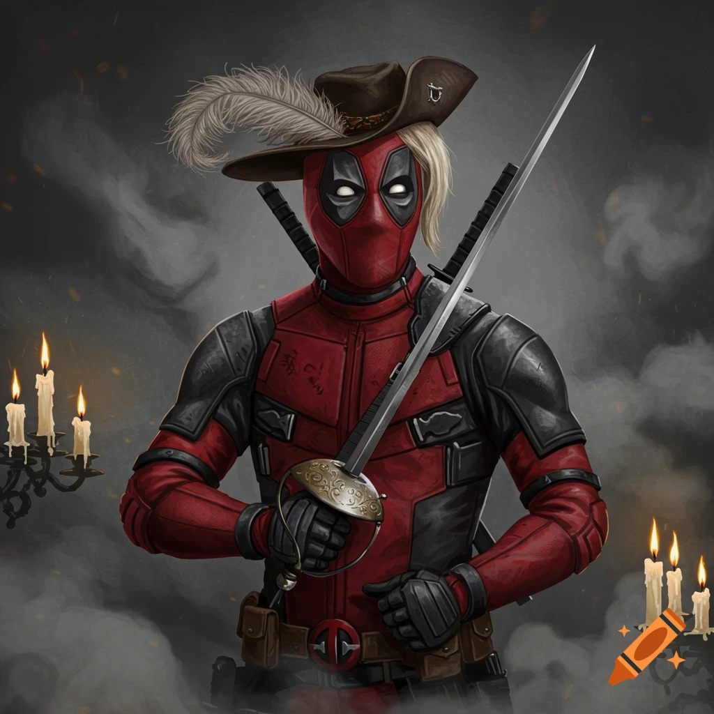 Deadpool in a swashbuckler costume with a feathered hat, holding a sword, against a smoky background with candles.