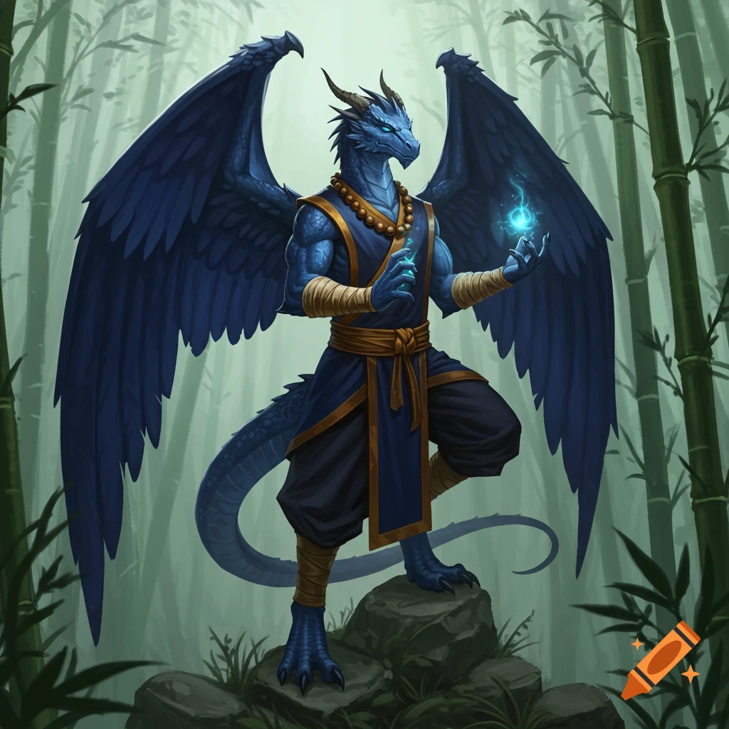 A blue winged dragon-born monk in robes stands in a bamboo forest, holding glowing blue magic.