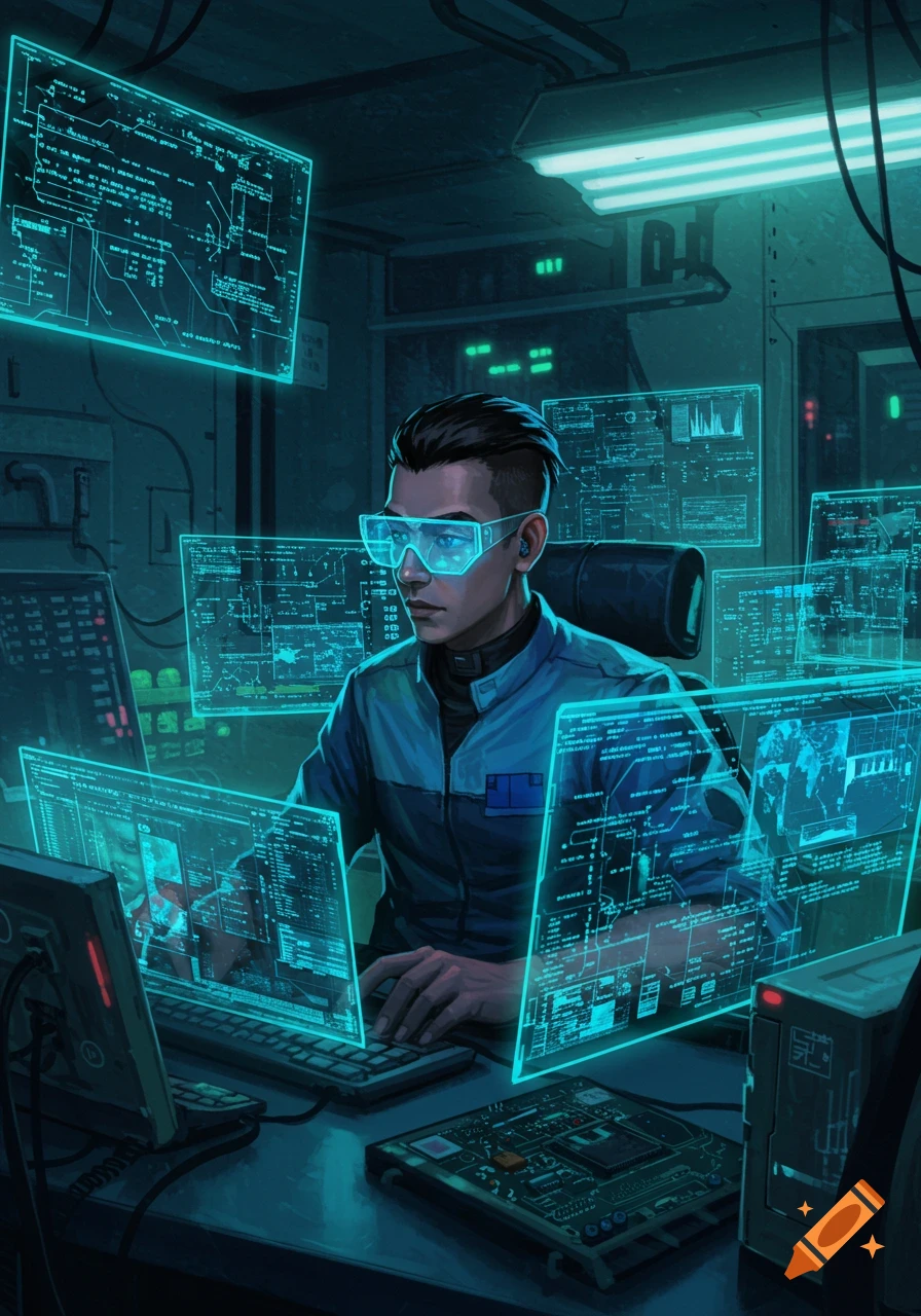 A futuristic computer scientist in glowing glasses works amidst multiple holographic screens displaying complex data in a dimly lit, high-tech control room.