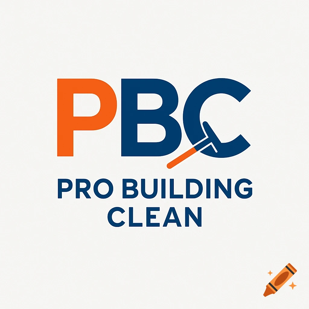 Logo for Pro Building Clean with blue and orange 'PBC' and a cleaning squeegee, over 'PRO BUILDING CLEAN' text.