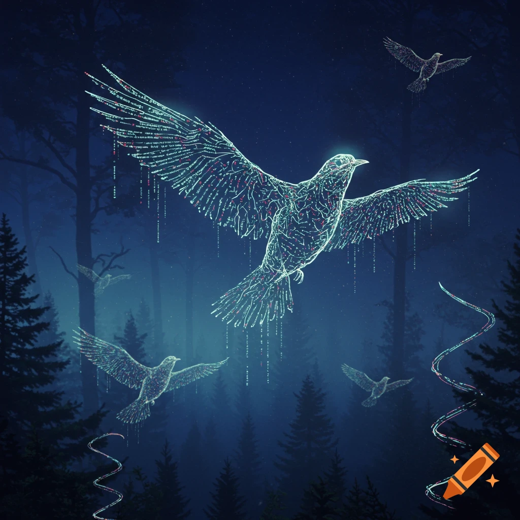 Glowing digital birds composed of code-like lines fly through a dark, misty forest at night.