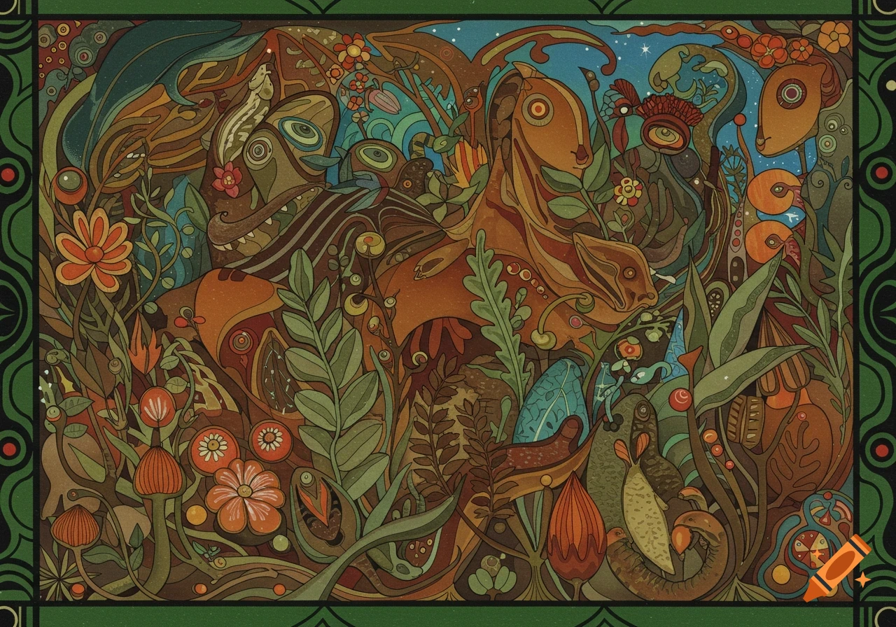 A vibrant, intricate illustration of stylized animals and plants in an Ojibwe woodland art style with a dark green border.