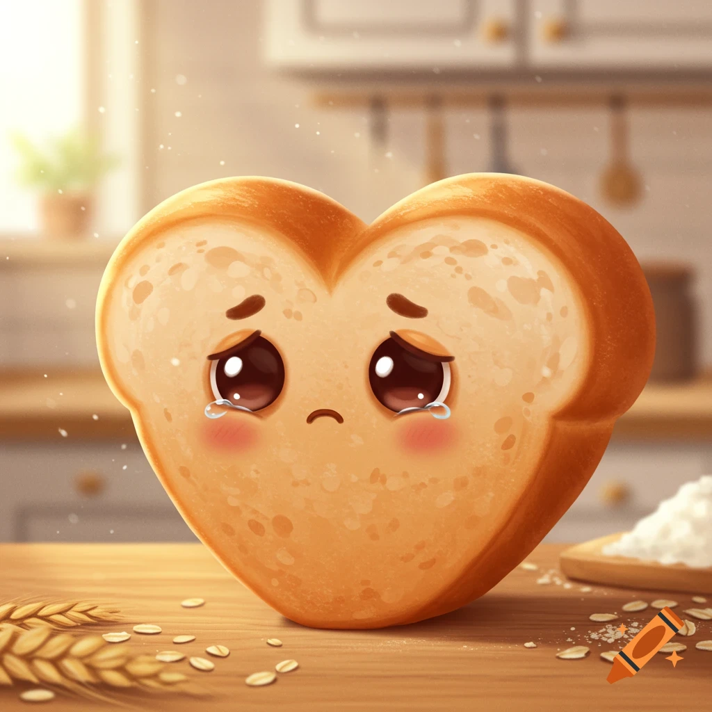 A sad, heart-shaped cartoon bread loaf with big eyes and tears, on a kitchen counter with wheat and oats.