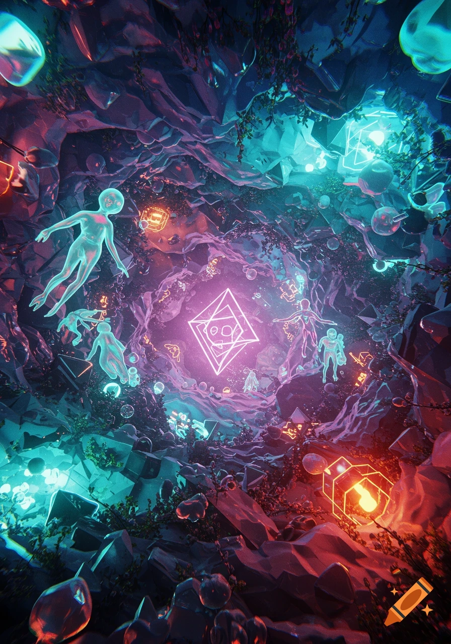 Ethereal figures float in a glowing, crystalline cave with neon pink and blue lights and abstract symbols, surreal art.