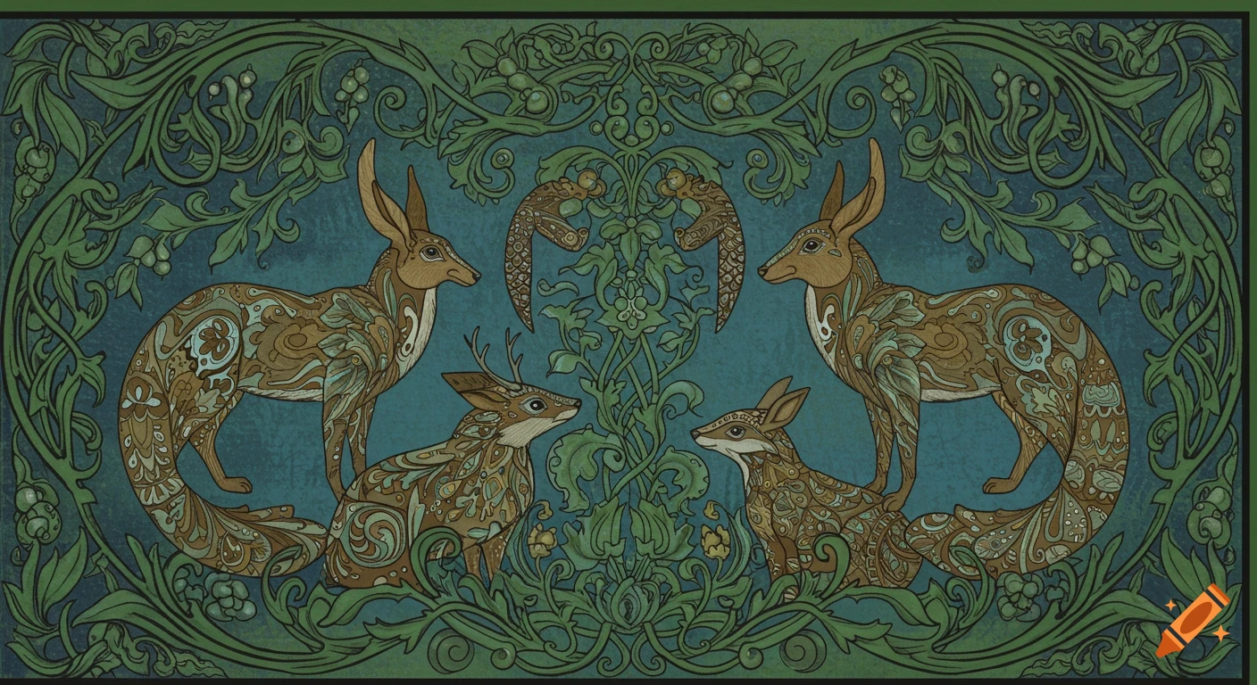 Art Nouveau style illustration of stylized deer, hares, and foxes amidst intricate green foliage on a teal background.