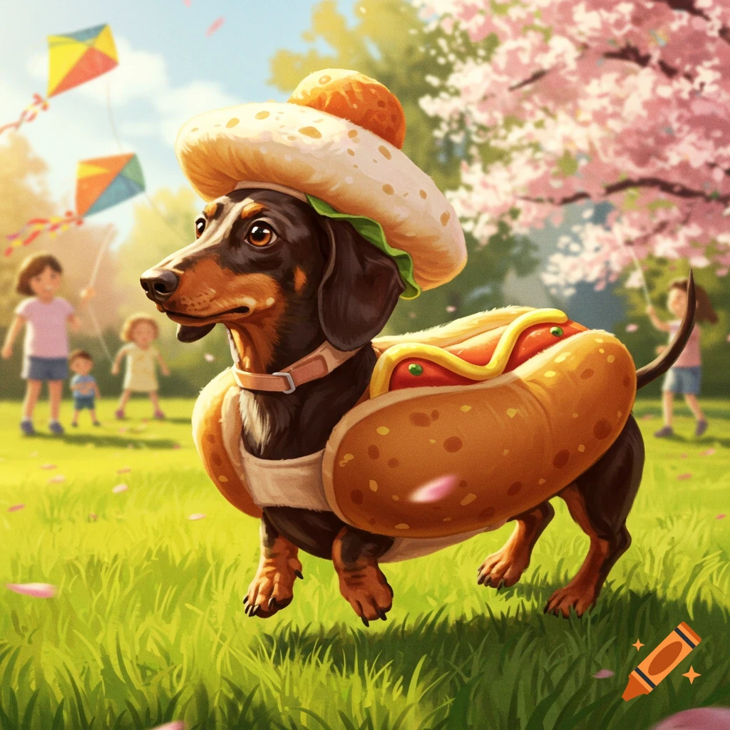 An illustrated dachshund in a hot dog costume, complete with a bun hat, stands in a sunny park with children flying kites.