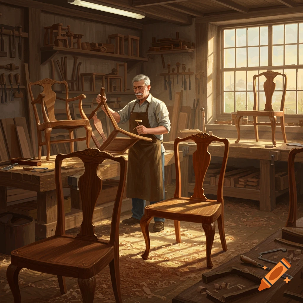 An old carpenter works on a wooden chair in a sunlit woodworking workshop filled with tools and chairs, photorealistic.