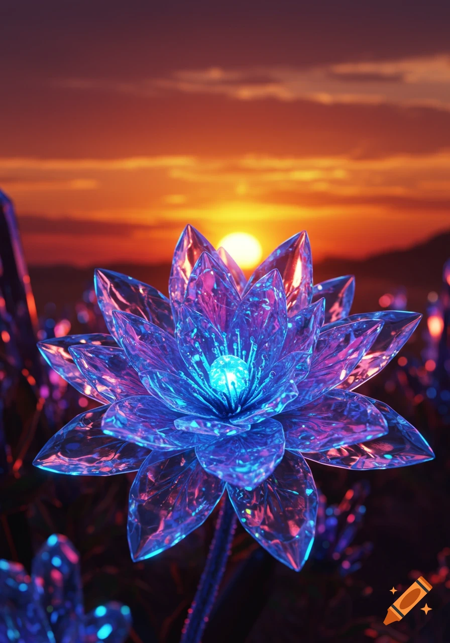A vibrant, translucent crystal lotus flower in shades of blue, purple, and pink, glows against a fiery orange sunset.