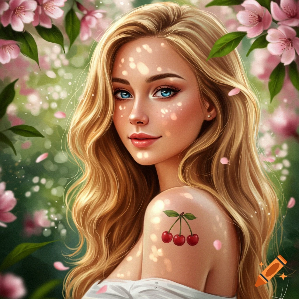A beautiful girl with long blonde hair and blue eyes, smiling, with a cherry tattoo on her shoulder, surrounded by pink cherry blossoms in a vibrant, dreamy digital art style.